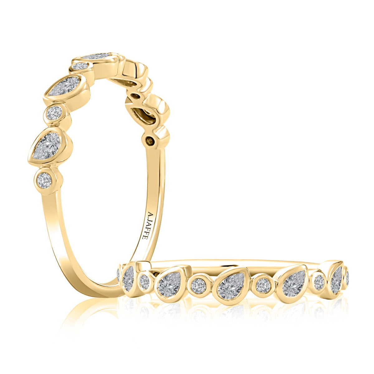 A yellow gold huggie ring with a row of round and marquise-cut clear gemstones, shown from both front and side angles on a white background.