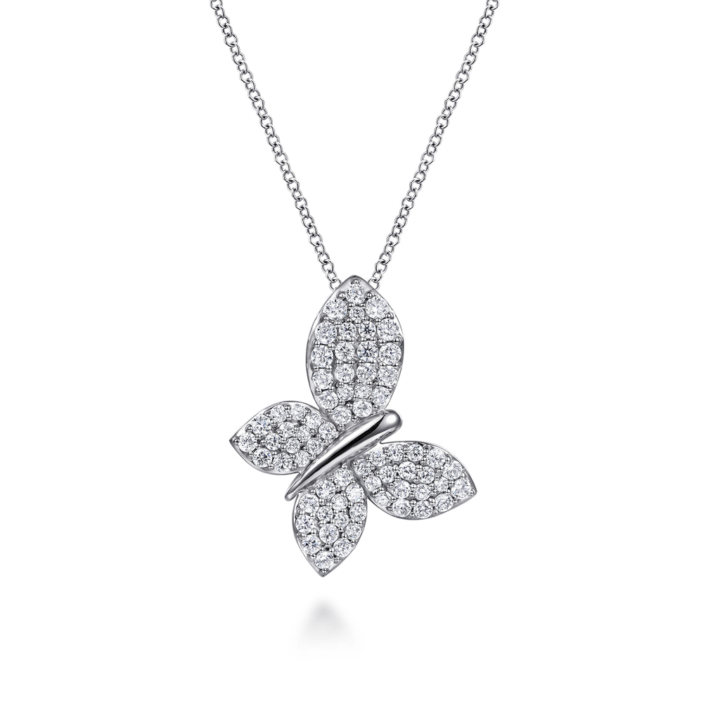 silver butterfly pendant necklace with clear stones on white background