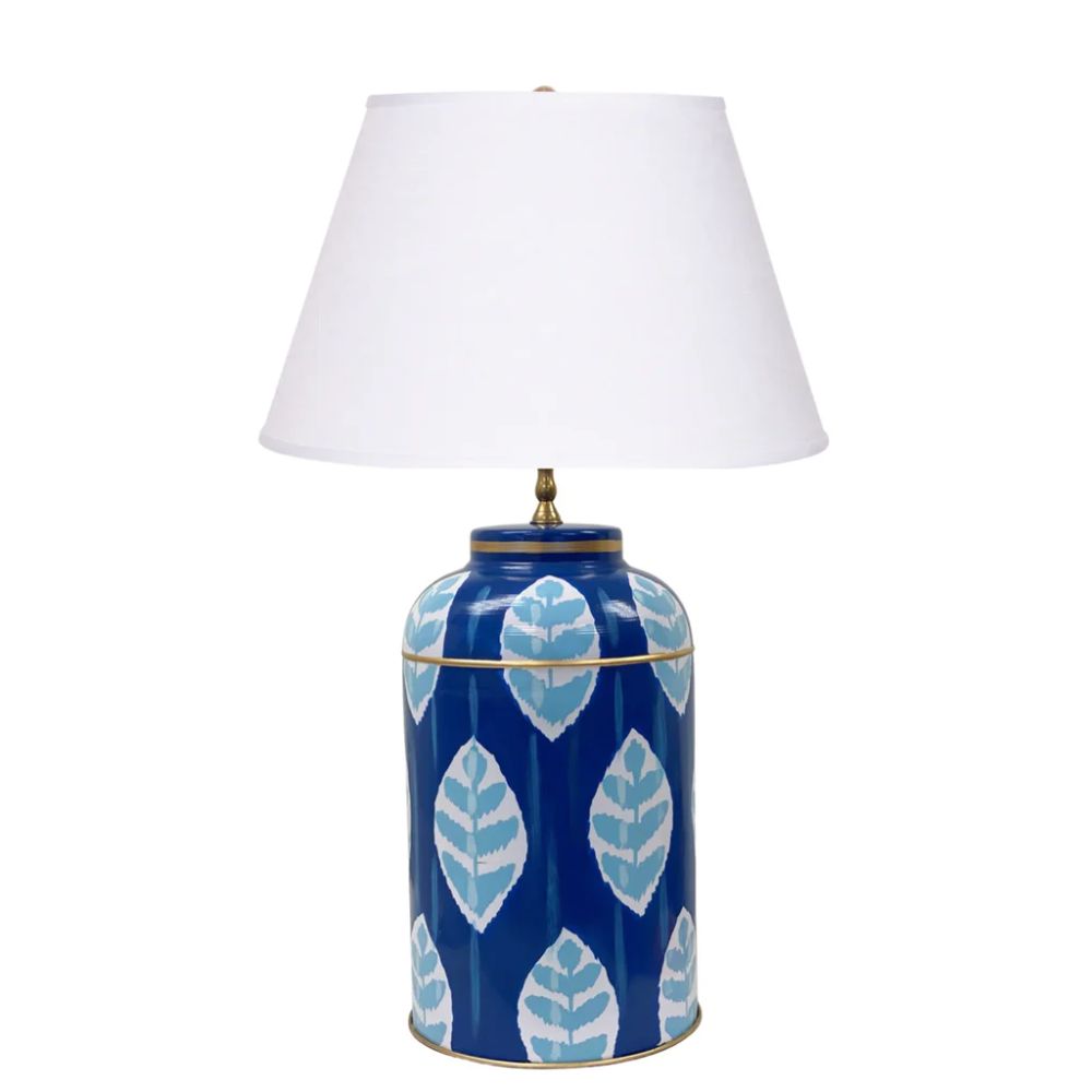 Dana Gibson Louvre Ikat Tea Caddy Lamp in Navy with White Linen Shade - In Store Pick Up Only