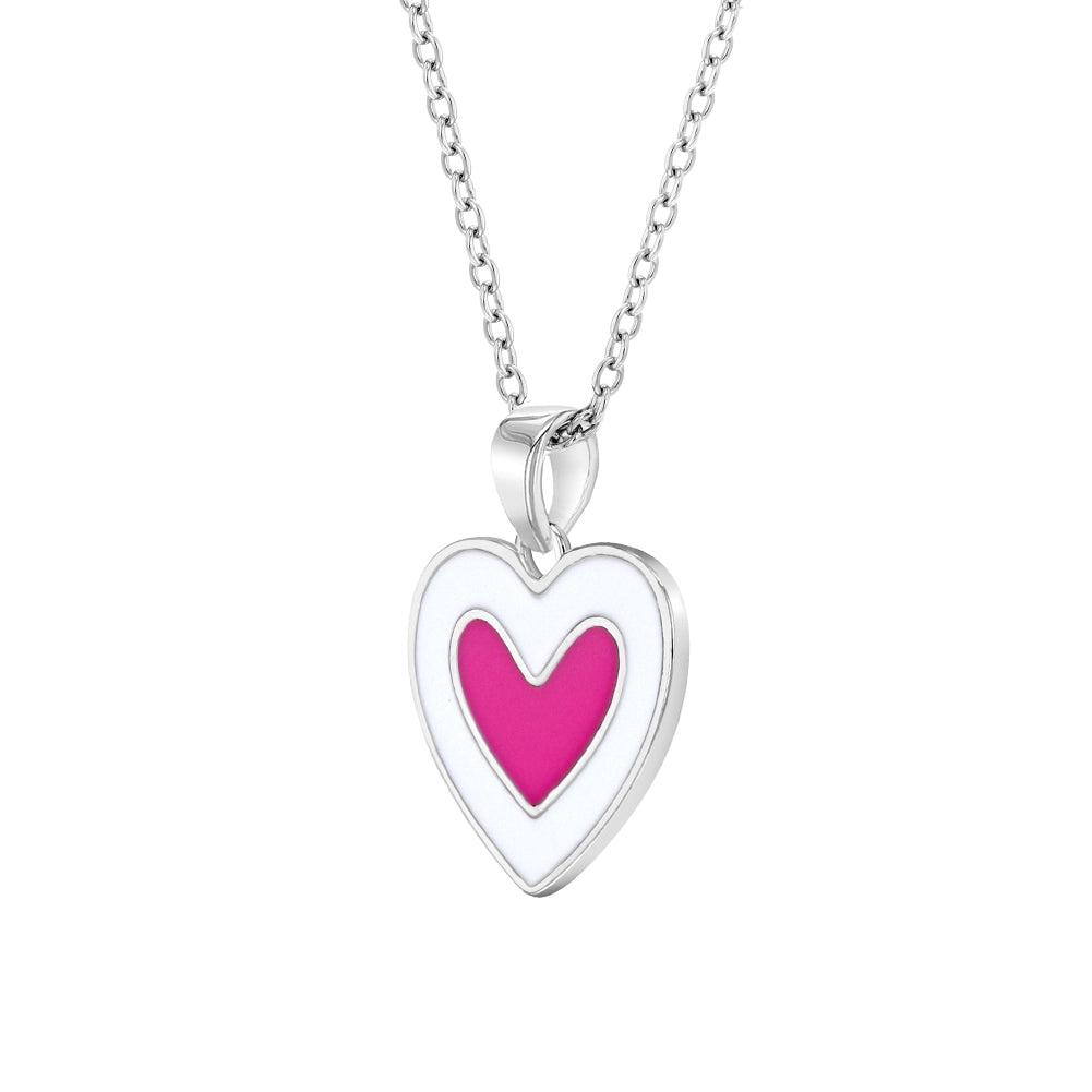 Children's Sterling Silver Pink & White Enamel Heart Pendant Necklace
