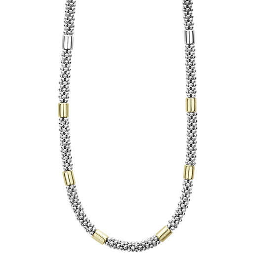 Lagos High Bar Two-Tone Station Caviar Necklace, 5mm