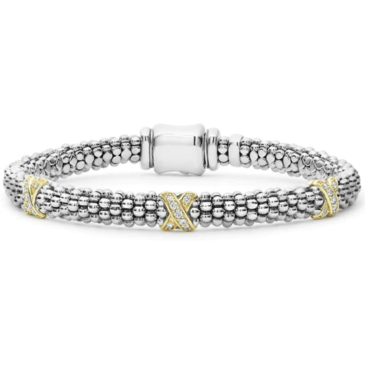 Lagos Three Station Gold X Diamond Caviar Bracelet