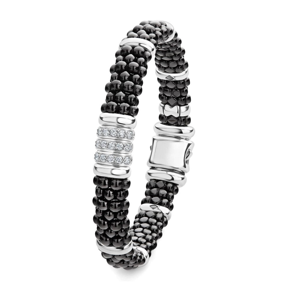 Lagos Black Caviar Three Station Ceramic Diamond Bracelet, 9mm