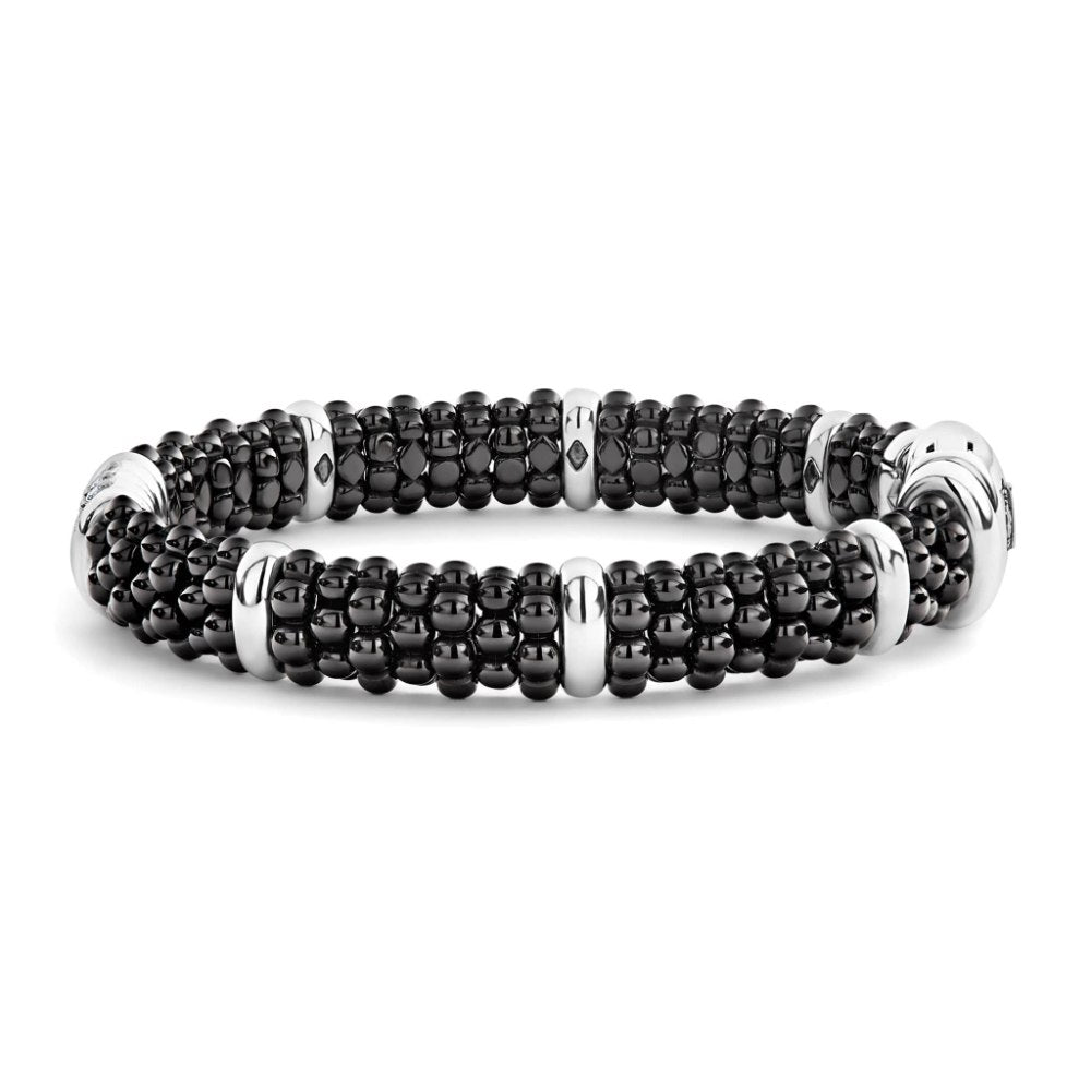 Lagos Black Caviar Three Station Ceramic Diamond Bracelet, 9mm