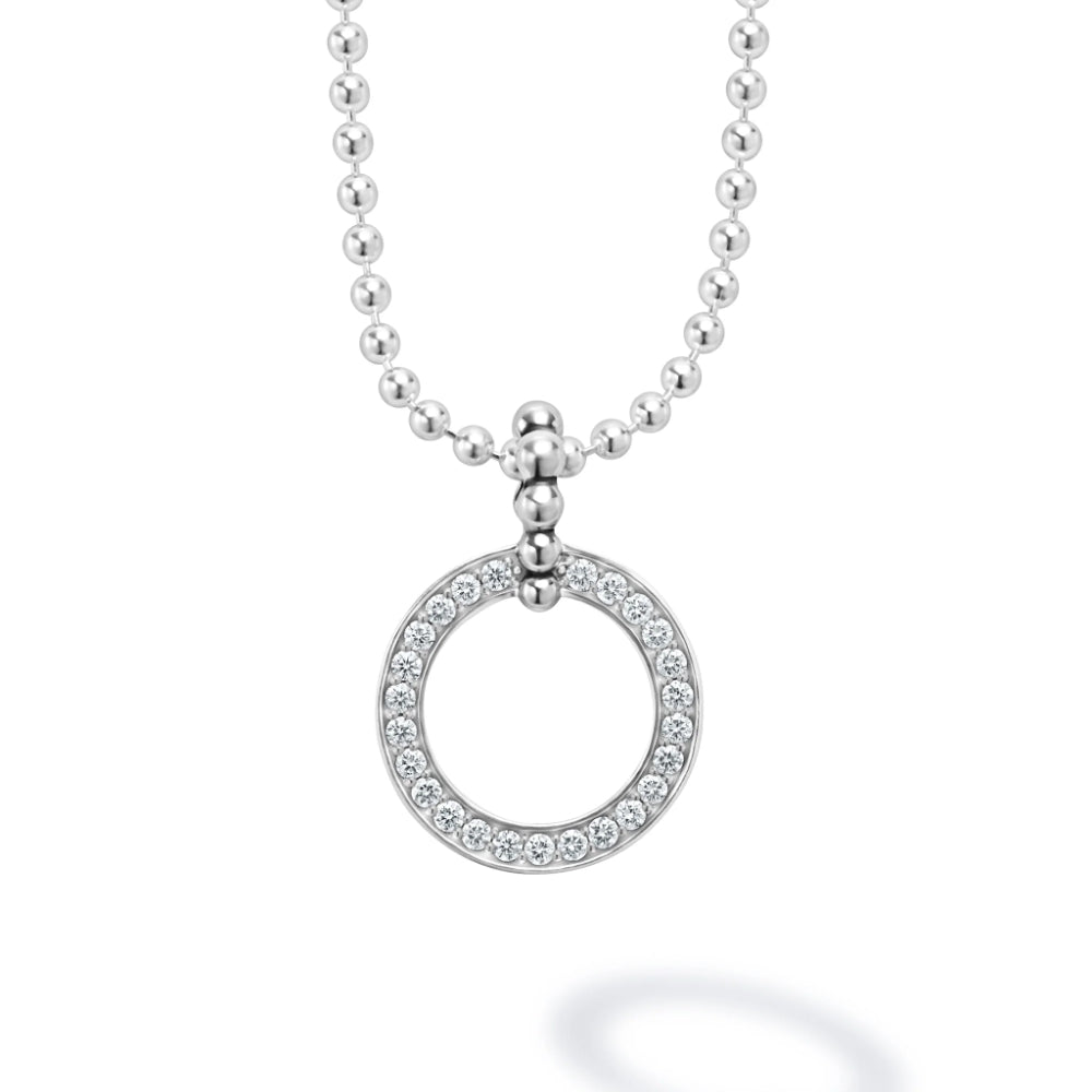 Sterling Silver  medium Diamond Circle Pendant necklace with a circular diamond set pendant on an adjustable 16 -18" inch ball chain 