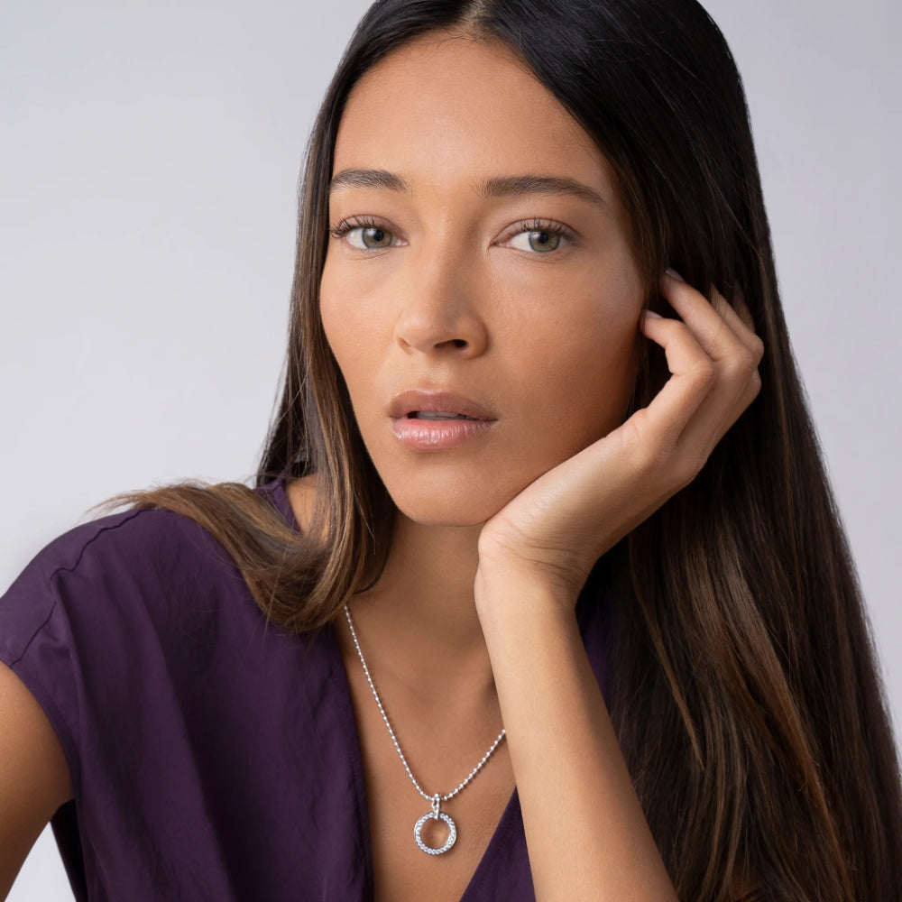 Woman wearing Medium Diamond Circle Pendant Necklace 