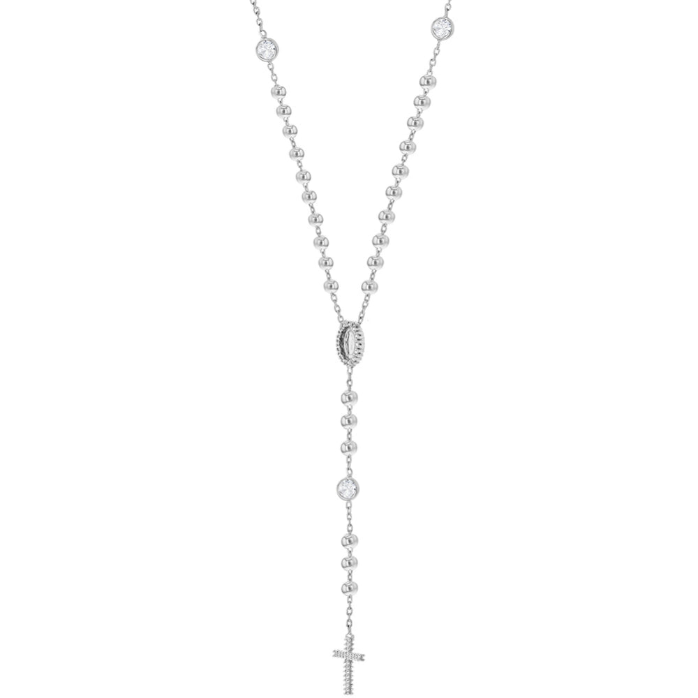 Children's Sterling Silver Clear CZ Virgin Mary Rosary Necklace 16"