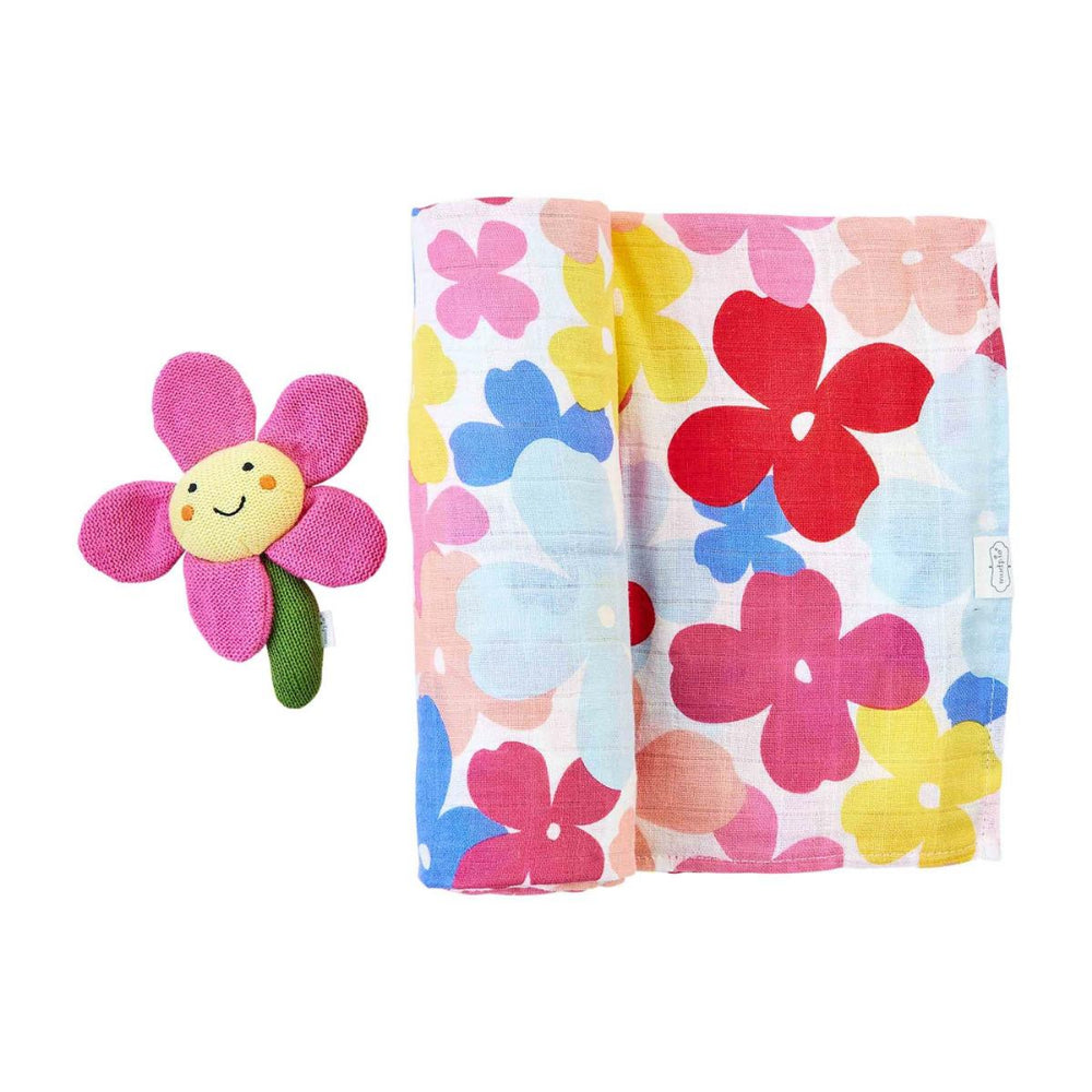 Mud Pie Floral Swaddle & Rattle Set