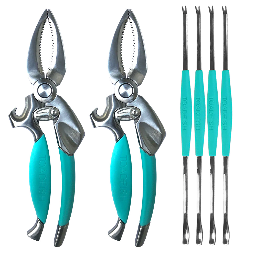 Set of crab cutters and seafood forks with teal handles on a white background.
