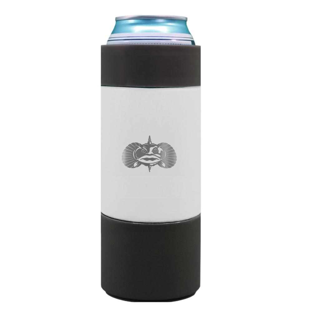 White can cooler with black ends and a logo on a white background.