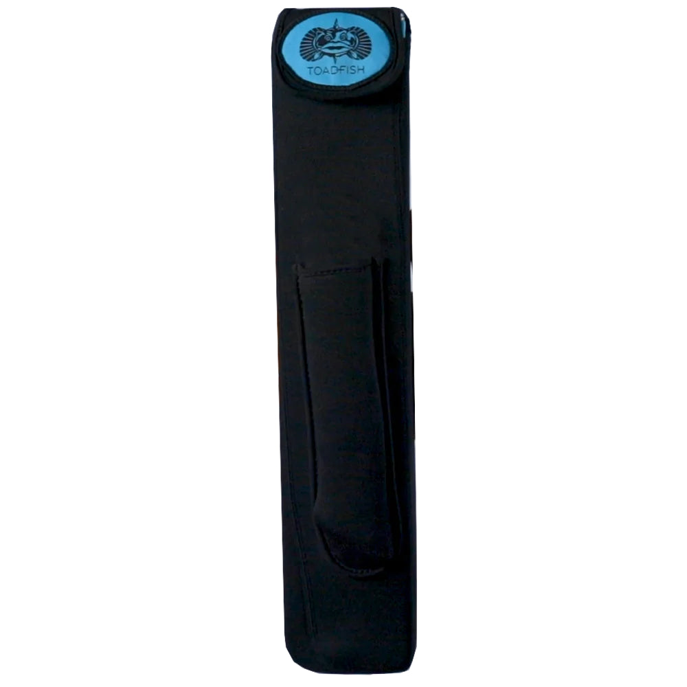 Black cutting board and fillet knife set with case with a blue Toadfish logo on a white background.
