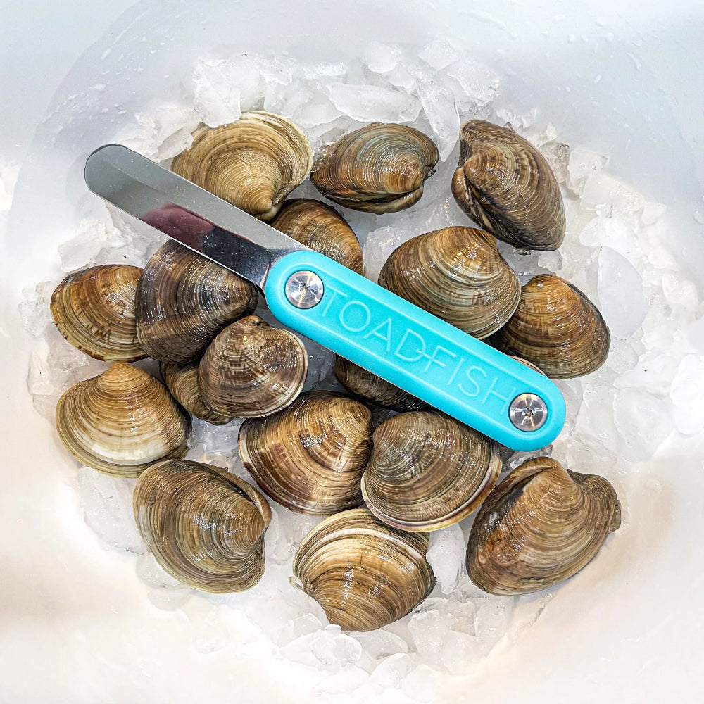 Turquoise clam knife with a black metallic blade on top of a pile of clams on ice. 