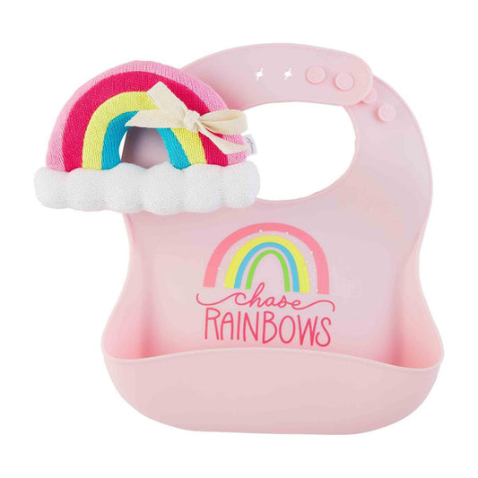 Mud Pie Bee & Rainbow Bib & Rattle Set - Pink
