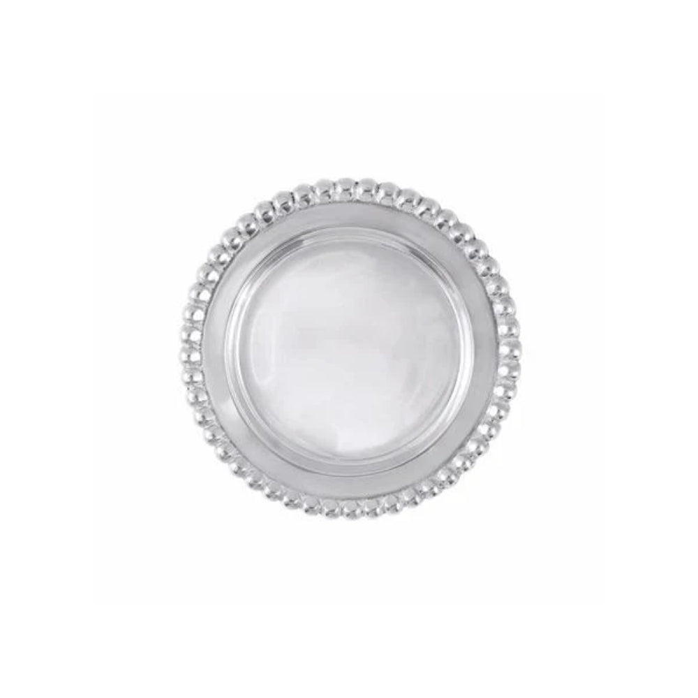 Silver aluminium decorative wine coaster with beaded edge on a white background
