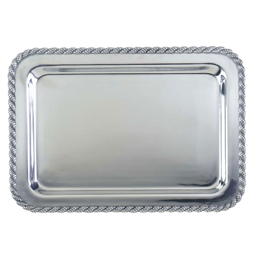 A rectangular aluminum serving tray with rope edge design.