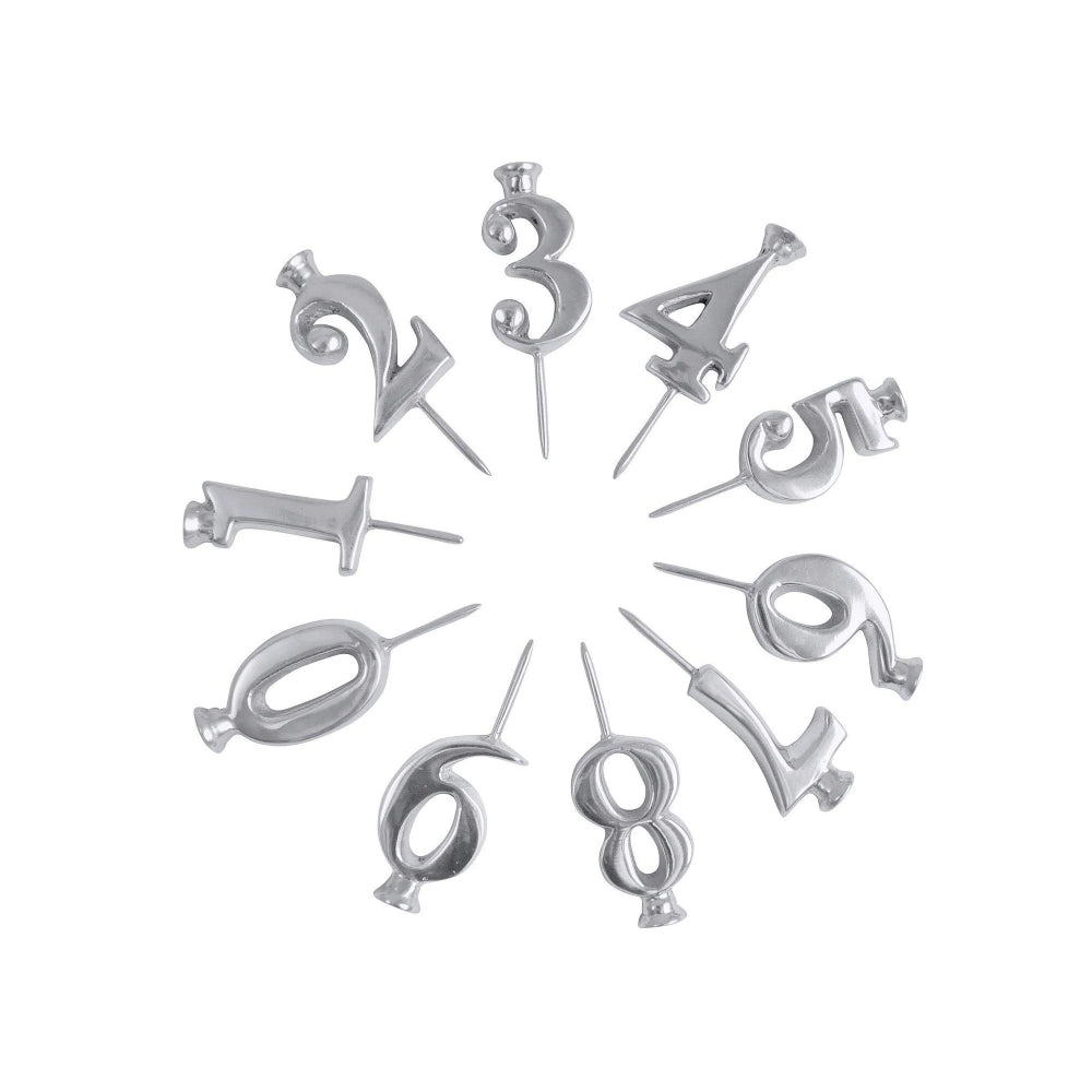A set of silver aluminum number candle holders for cakes, arranged in a circle with each holder in the shape of a numeral from 0 to 9 on a white backround. 