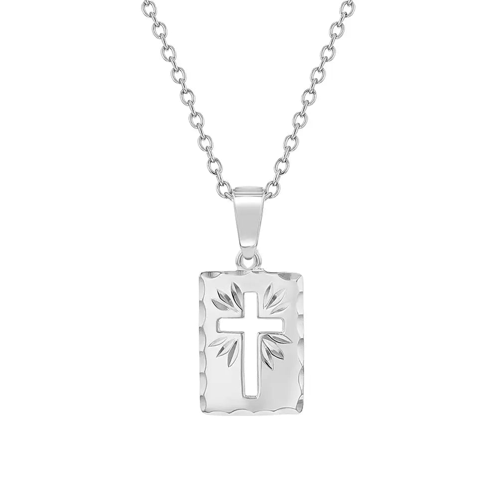 Children's Sterling Silver Short Rectangle Medallion Cutout Cross Necklace