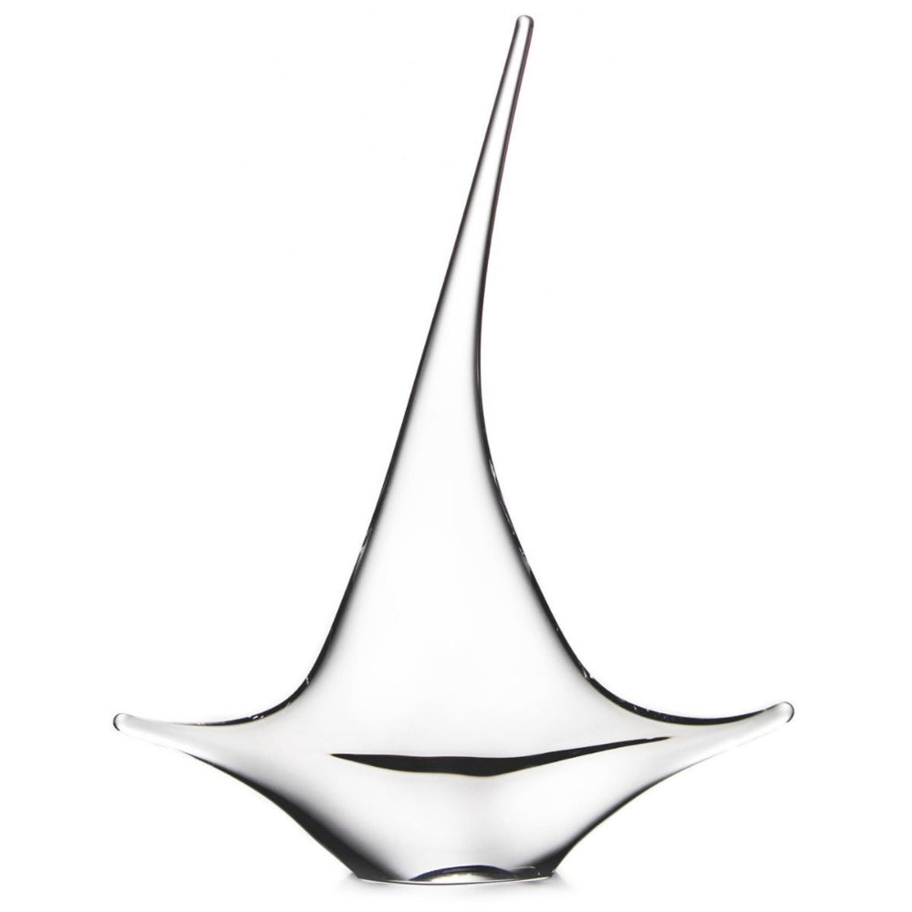 Hand-blown clear glass sailboat-shaped vase with a tapered design, reflecting light on a white background.