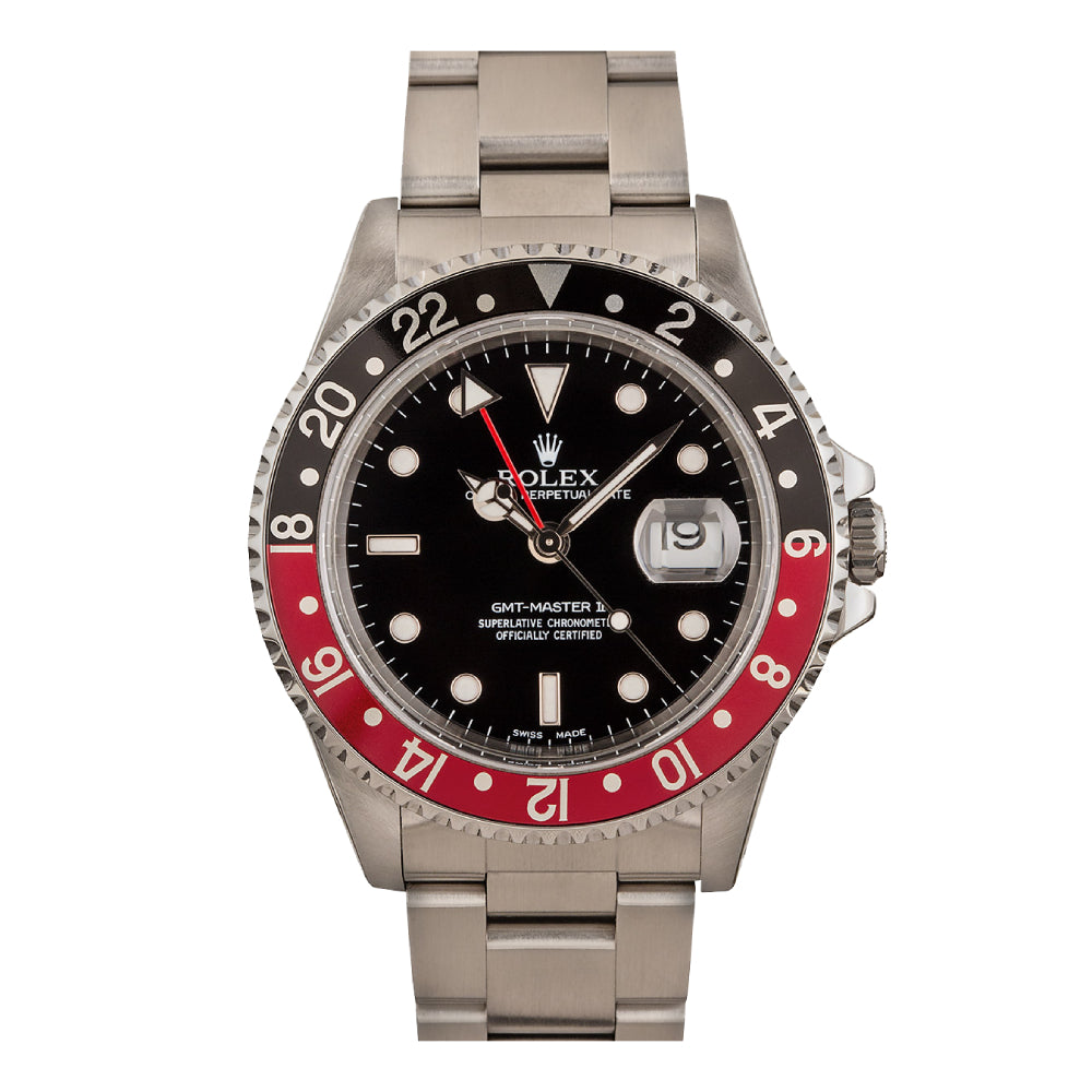 Estate Rolex STL GMT Master II OP Date Black/Red Bezel Black Dial Oyster Bracelet 16710