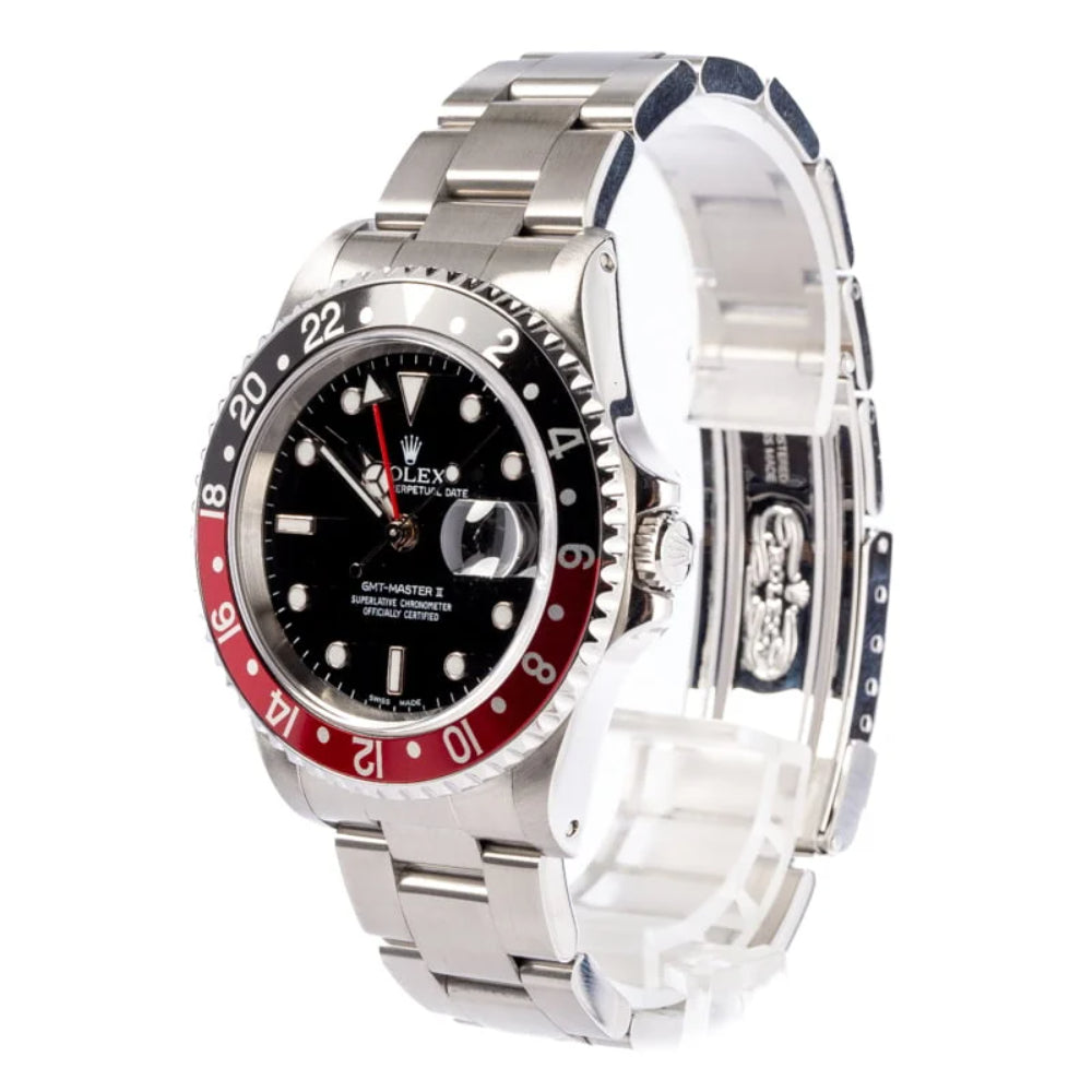 Estate Rolex STL GMT Master II OP Date Black/Red Bezel Black Dial Oyster Bracelet 16710