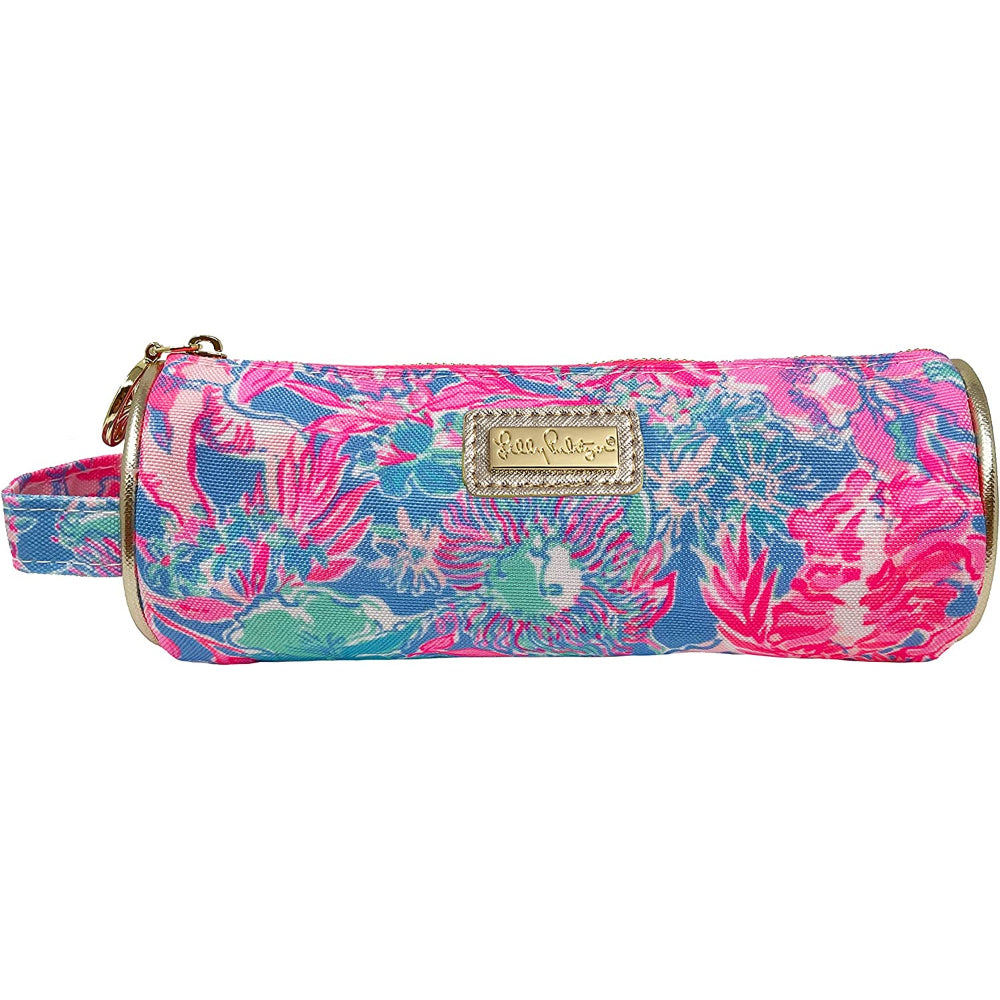 A Lilly Pulitzer pencil pouch with a multicolored floral pattern and gold pu accents, featuring a zipper closure and a gold Lilly logo charm zipper pull.