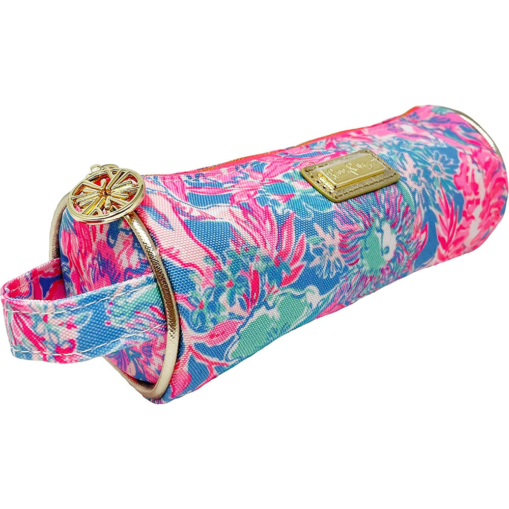 A anged side photo of a  Lilly Pulitzer pencil pouch with a multicolored floral pattern and gold pu accents, featuring a zipper closure and a gold Lilly logo charm zipper pull.
