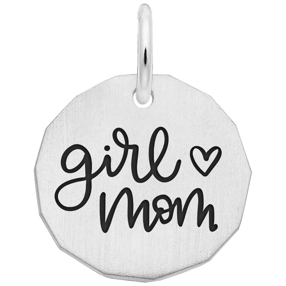 Silver pendant with 'girl mom' text on a white background