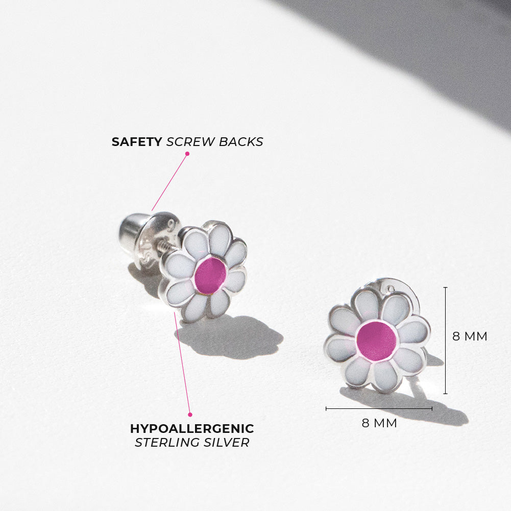 Children's Sterling Silver Enamel Daisy Screw Back Earrings