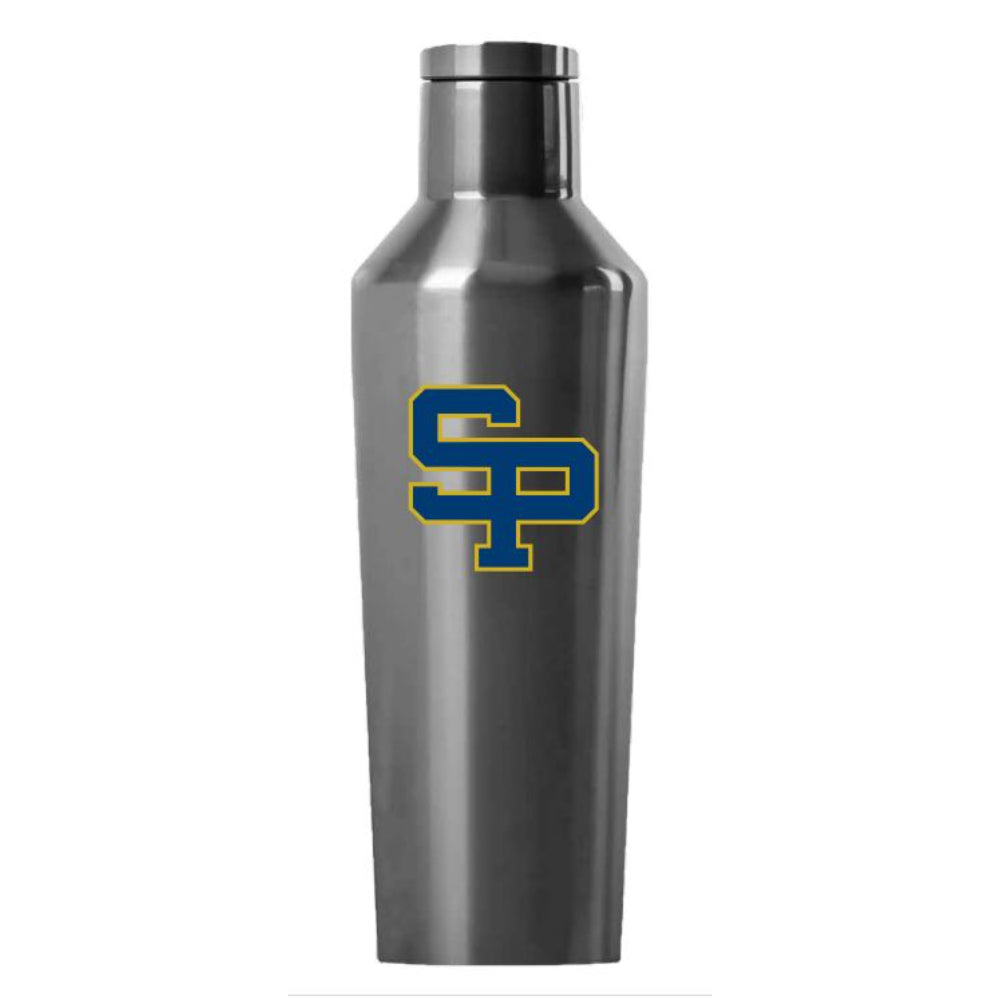Silver water bottle with a blue & yellow St. Paul school logo on a white background.