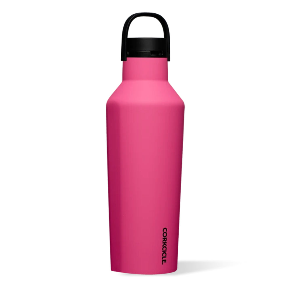 Dark pink water bottle with black lid on a white background.