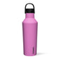 Pink water bottle with black lid on a white background.
