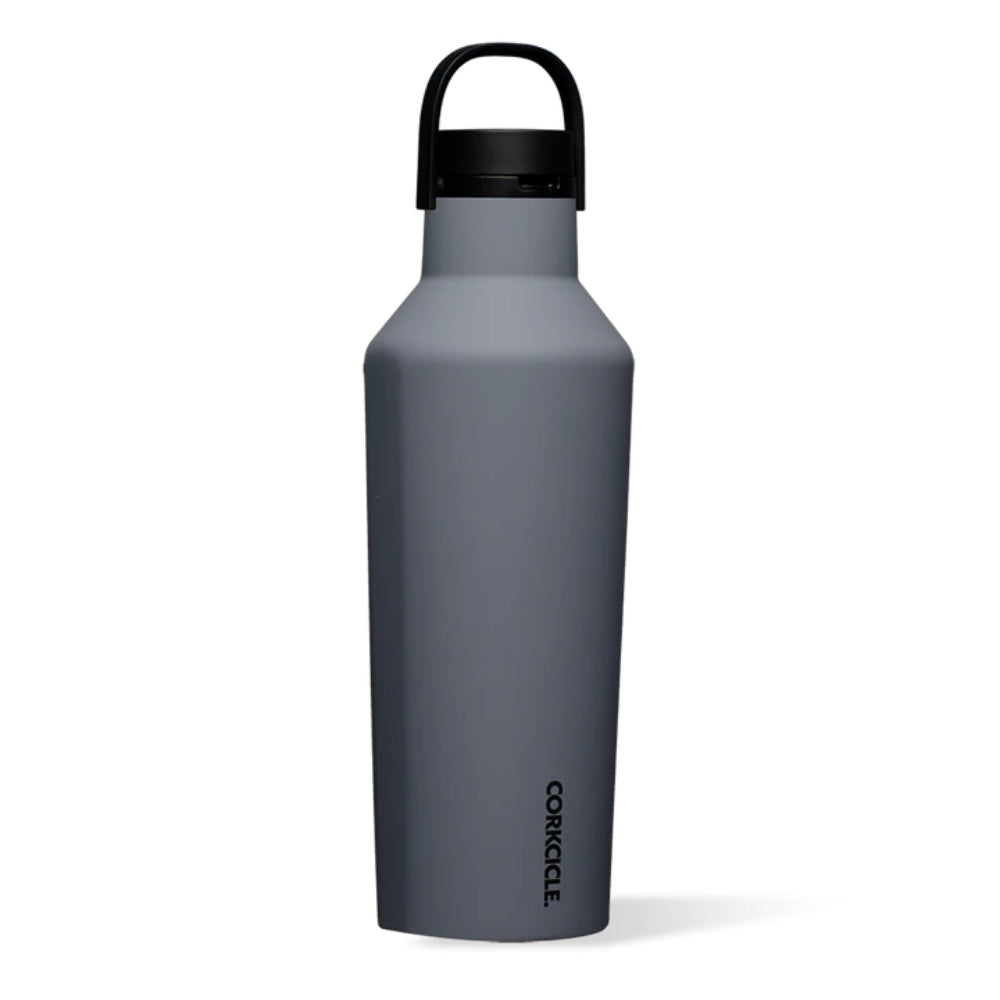 Grey water bottle with black lid on a white background.