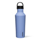 Periwinkle blue water bottle with black lid on a white background.