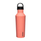 Orange water bottle with black lid on a white background.
