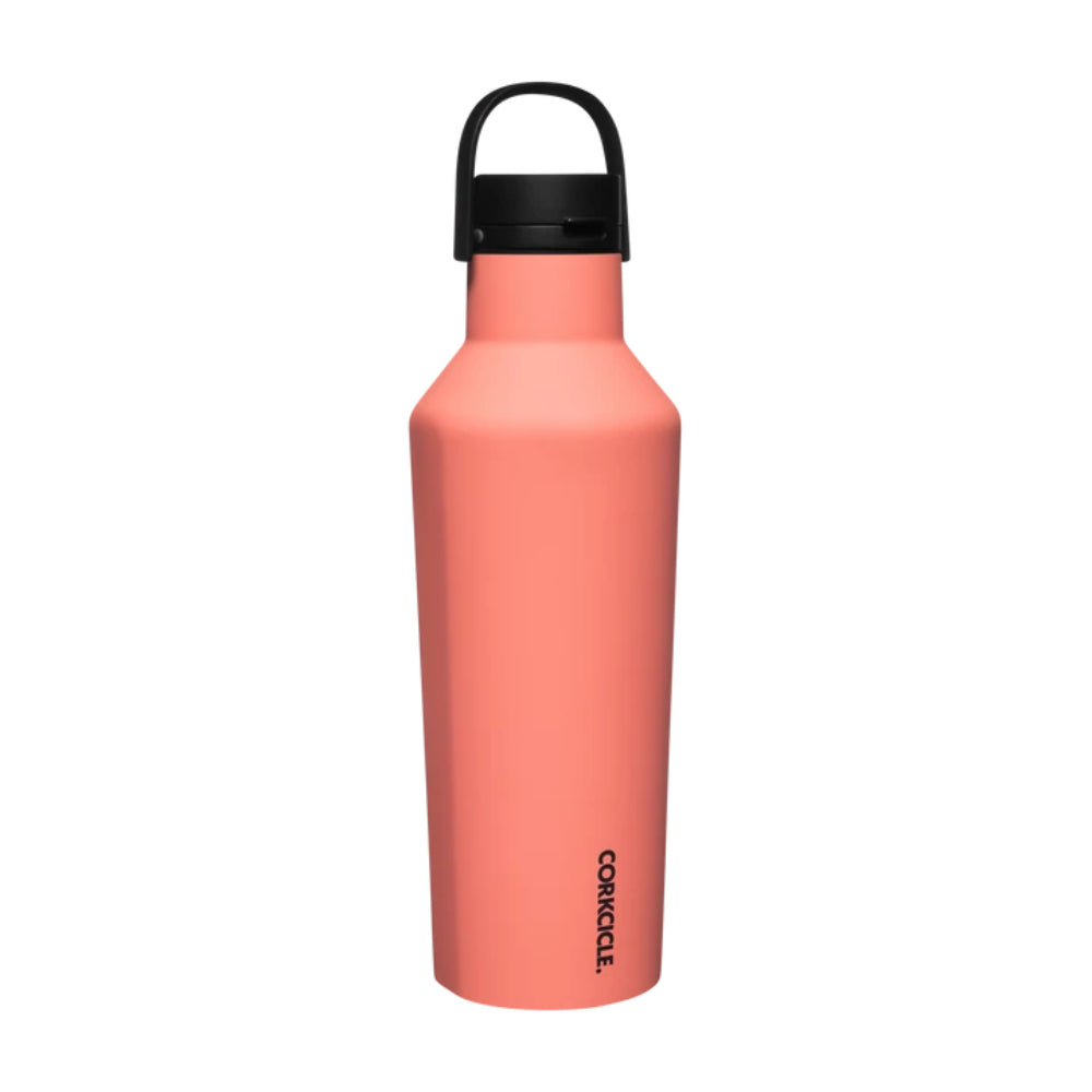 Orange water bottle with black lid on a white background.