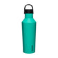 Neon green water bottle with black lid on a white background.
