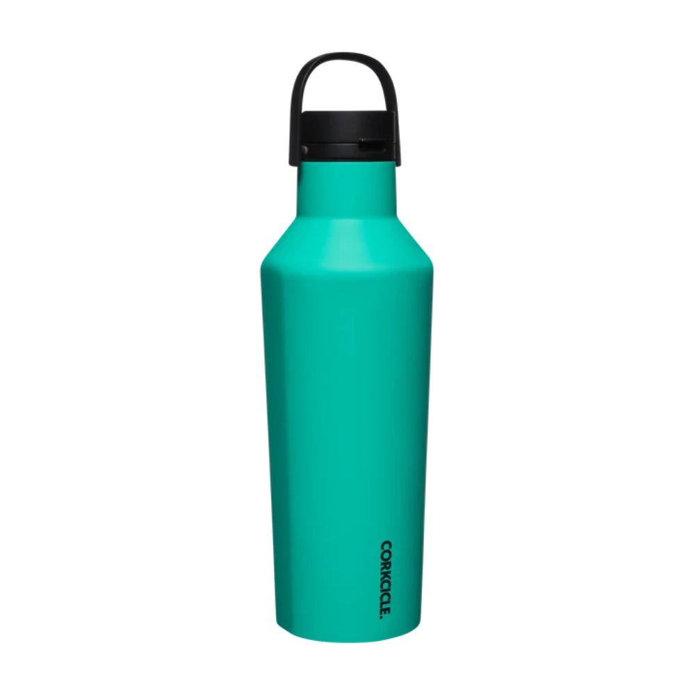 Neon green water bottle with black lid on a white background.
