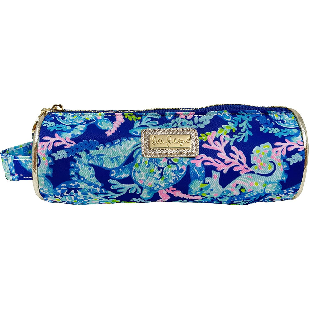 Colorful blue Turtle Villa pencil pouch with teal coral on a white backround. 