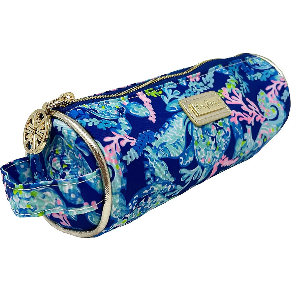 A angled side photo of a colorful blue Turtle Villa pencil pouch with teal coral on a white backround. 