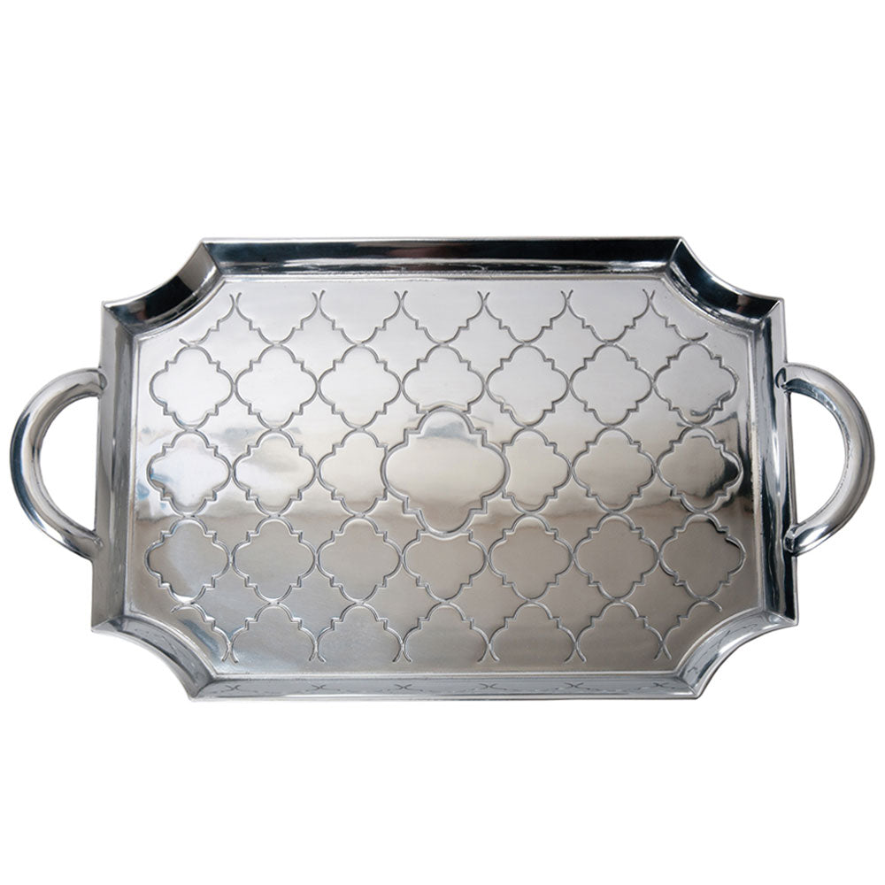 A rectangular serving tray with a quatrefoil pattern and raised edges, featuring two handles on the sides.