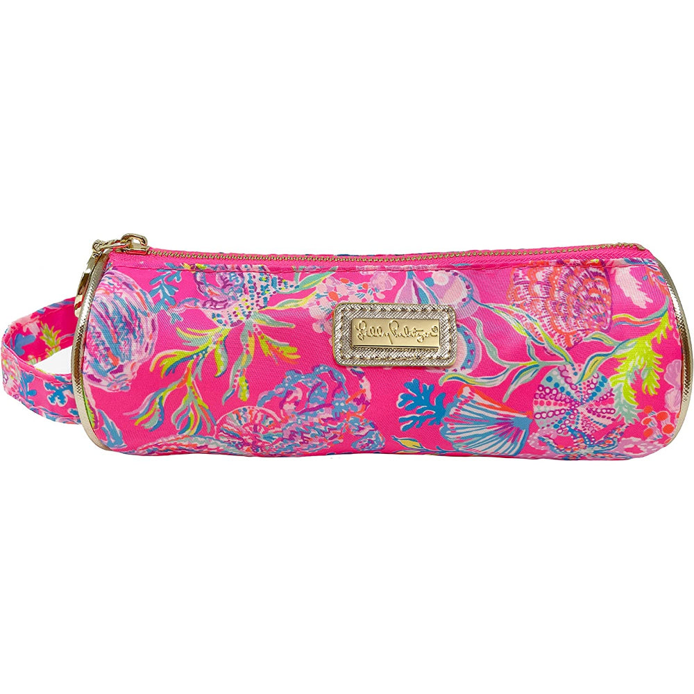 Pink Floral patterned pencil pouch with a visible brand logo on a white background.