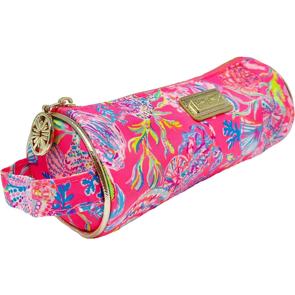 A side angled photo of a pink foral patterned pencil pouch with a visible brand logo on a white background.