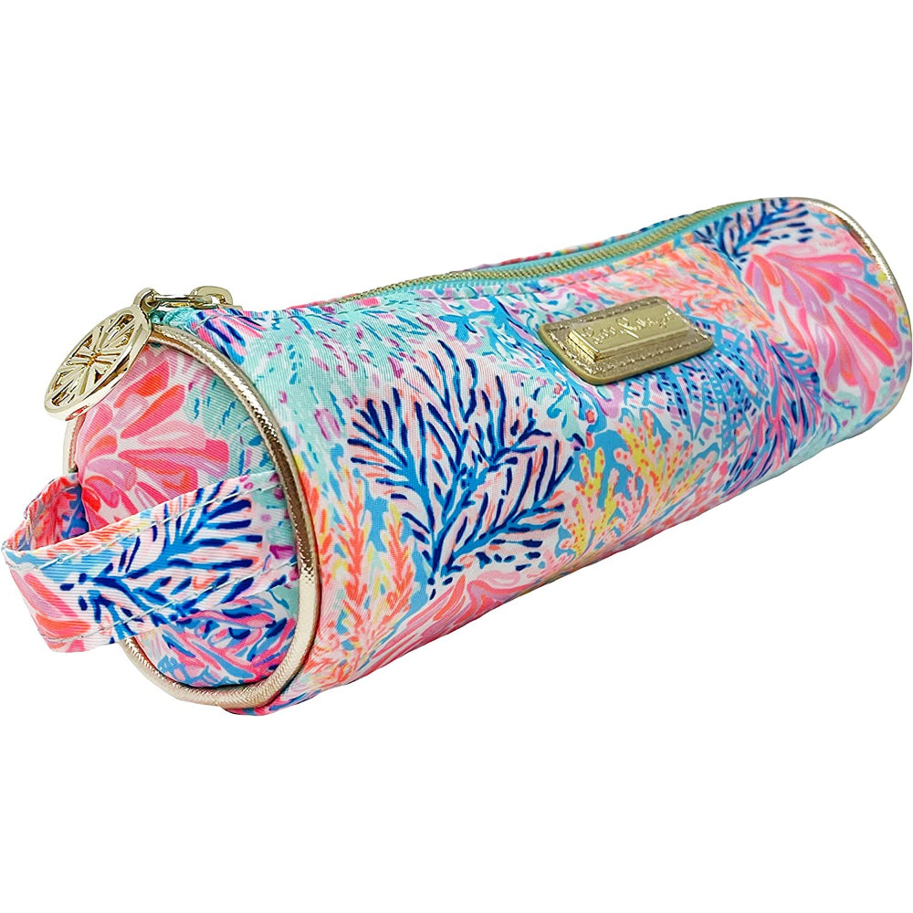 Angled side photo of a colorful Lilly Pulitzer Pencil Pouch with logo on a white backround.