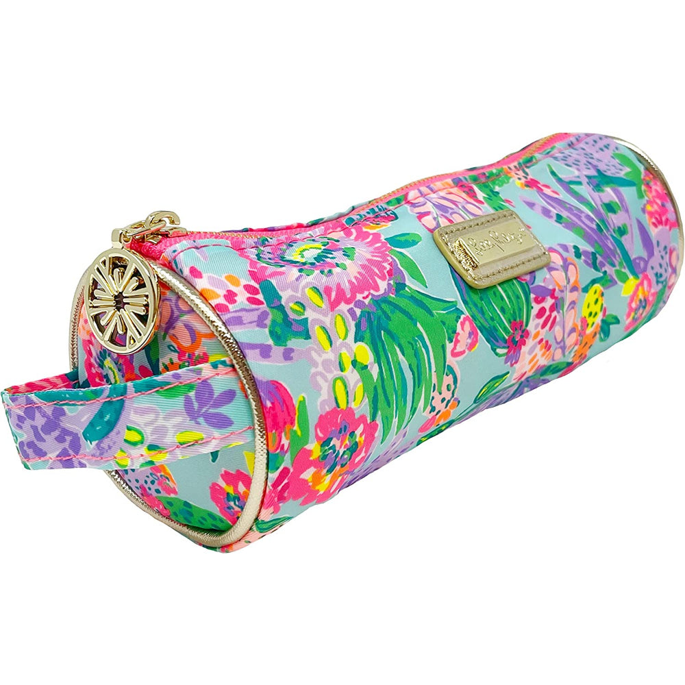 A angled side photo of the colorful floral Me and My Zesty pencil pouch on a white backround. 