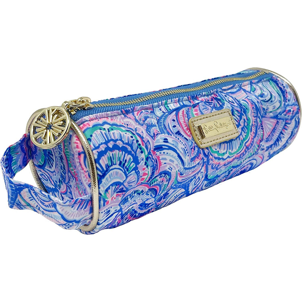 A angled side photo of Happy as a Clam colorful blue pencil pouch with blue clam high lights on a white backround. 