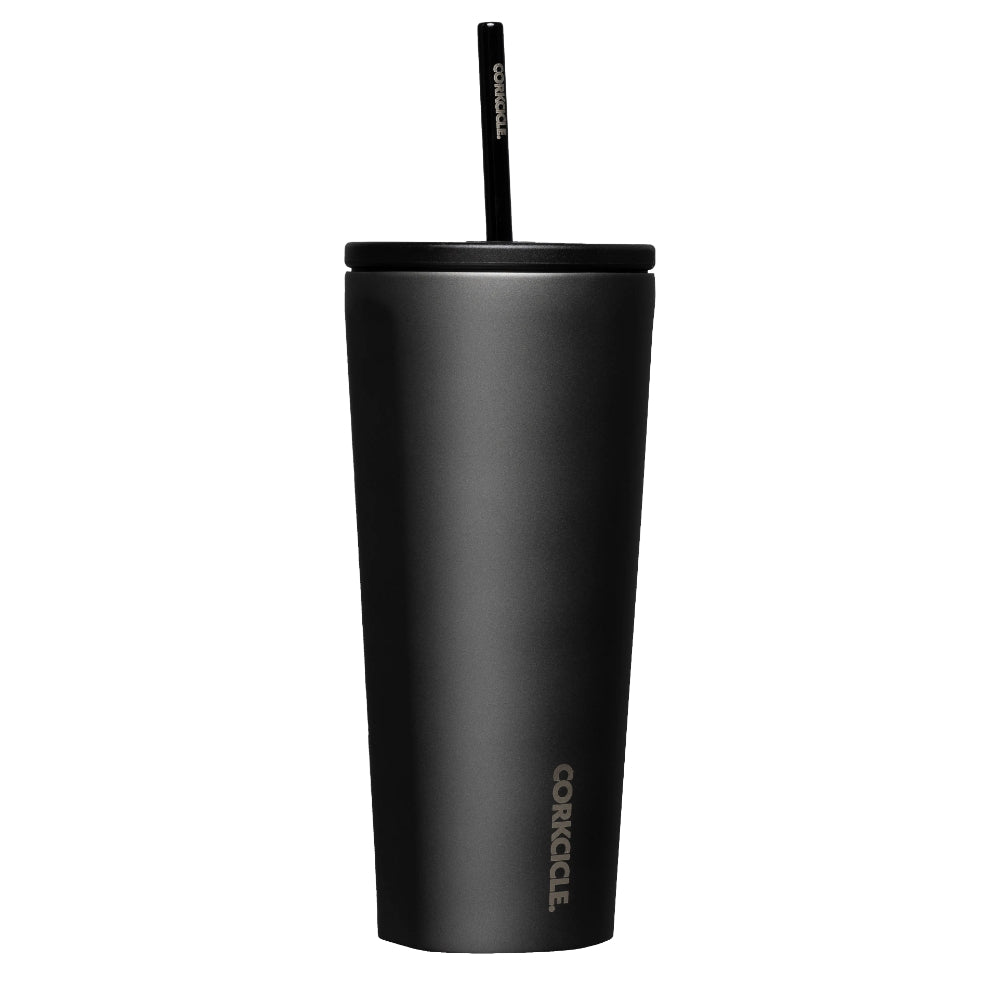 Slate grey 24oz cold cup with black straw and lid on a white backround. 