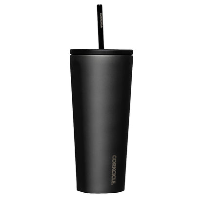 Slate grey 24oz cold cup with black straw and lid on a white backround. 