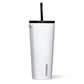 White 24oz cold cup with black straw and lid on a white backround.