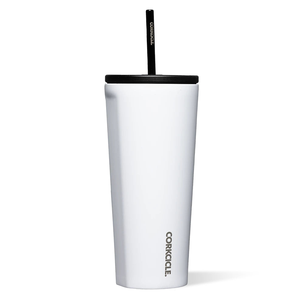White 24oz cold cup with black straw and lid on a white backround.
