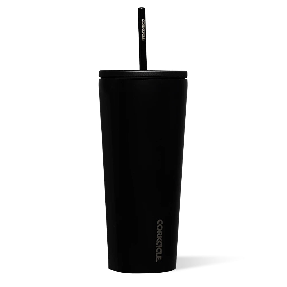Matte back 24oz cold cup with black lid and straw on a white backround.